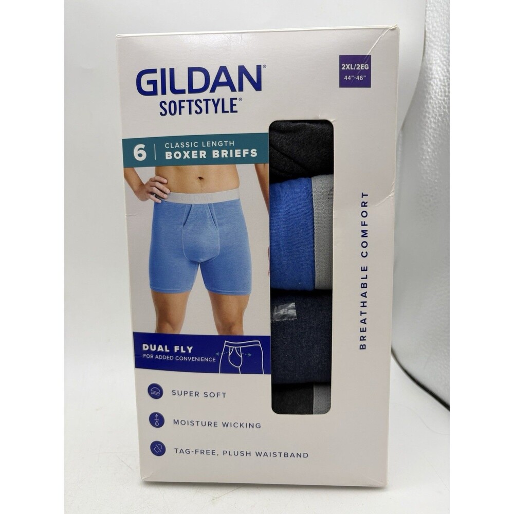 Gildan Softstyle Mens Boxer Briefs 6 Pack 2XL 44-46 Dual Fly New